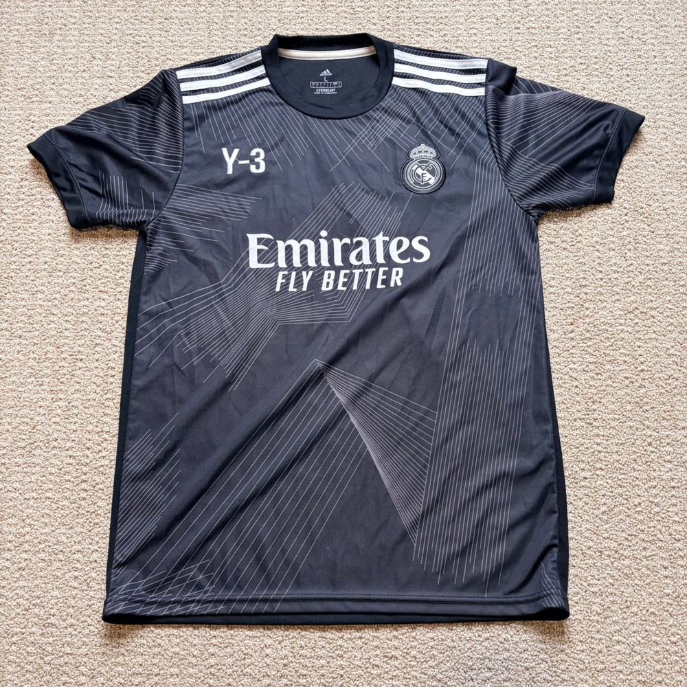 Adidas Madrid Y-3 Soccer Jersey Black Graphic Emirates Fly Better Mens L